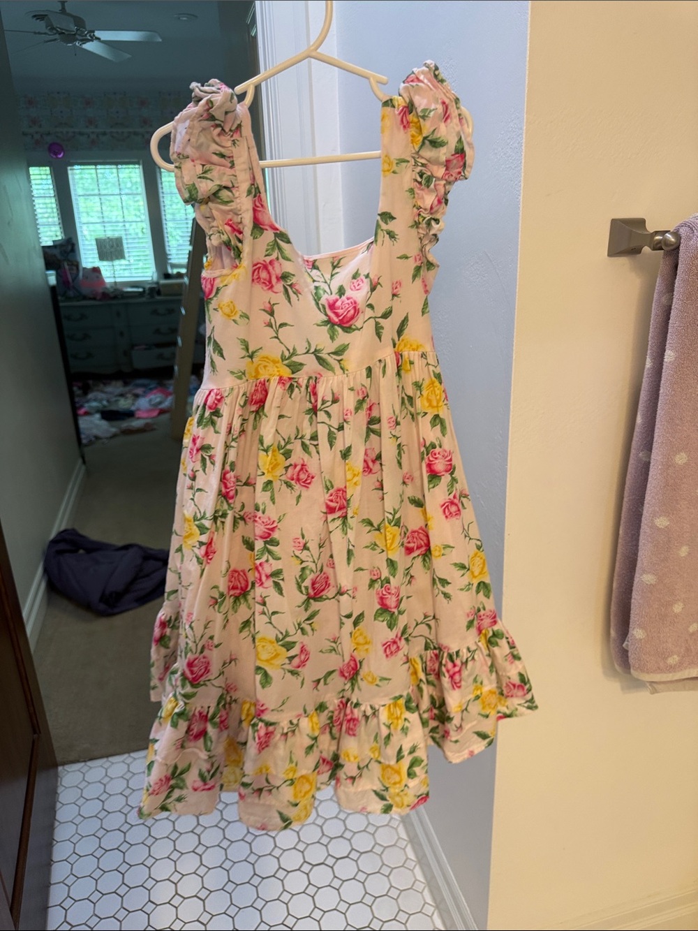 Janie and Jack Pink Floral Ruffle-Shoulder Dress with Yellow Roses